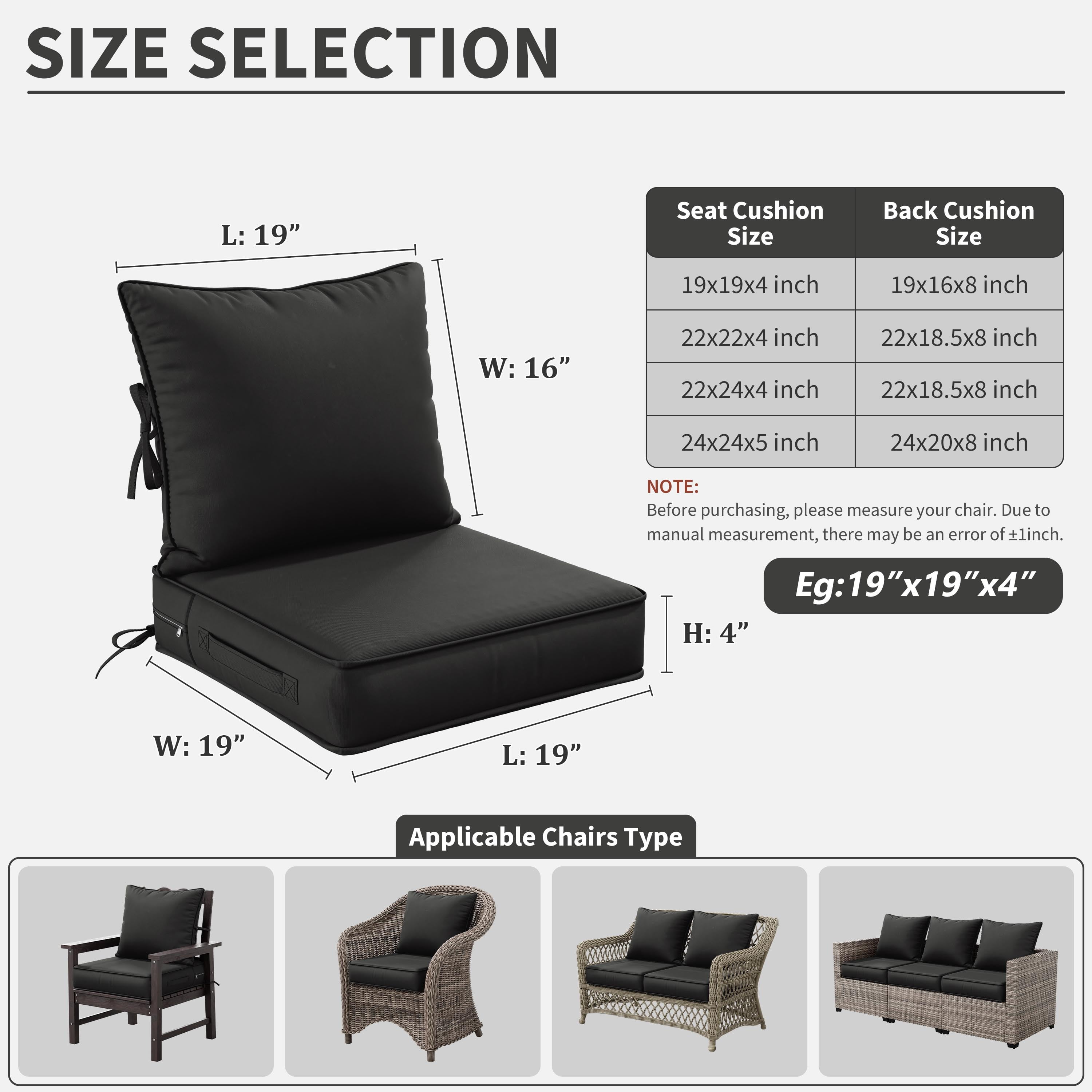Kimunuk Outdoor Seat Cushion Set, 24" X 24" X 4" Water-Resistant & Fade-Resistant Patio Furniture Replacement Cushions with Handle and Straps for Sofa Chair, Black