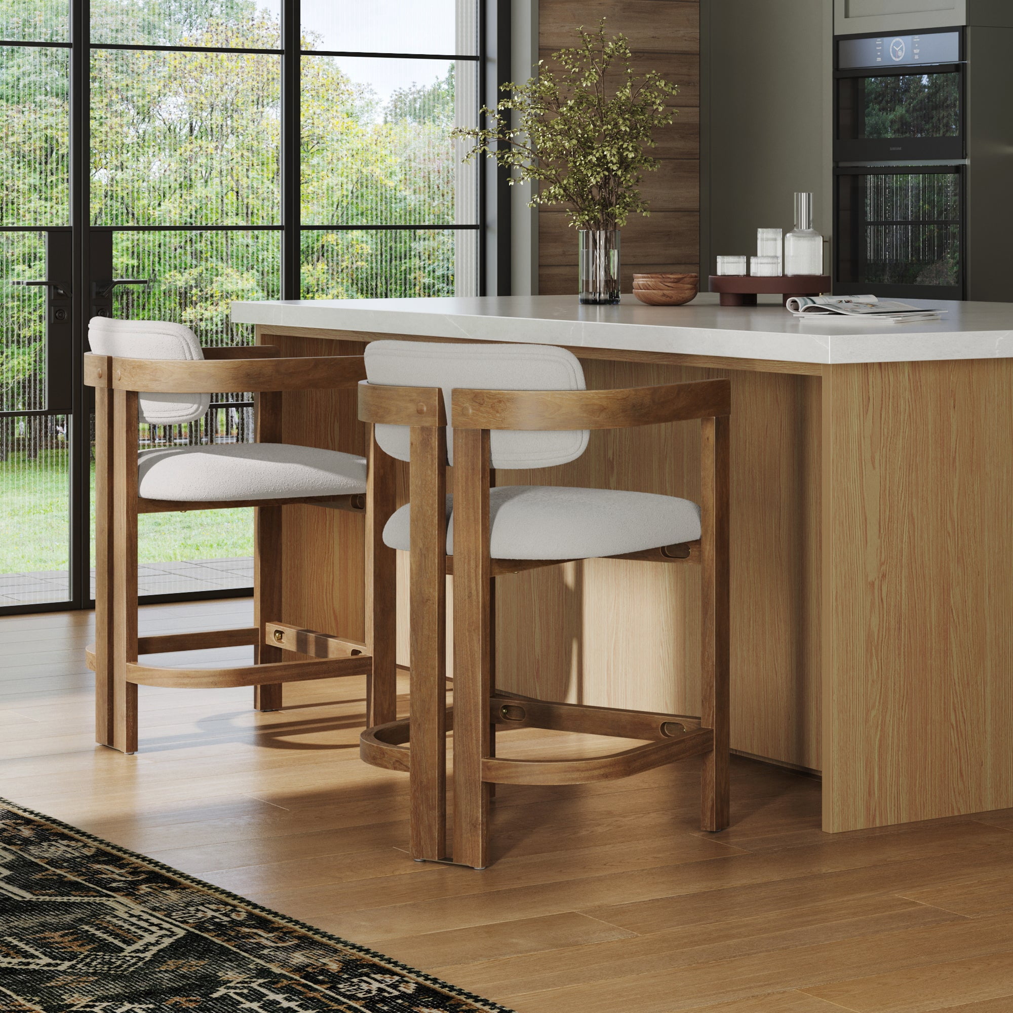 Nathan James Veya Modern Solid Wood Bar Stool with Back and Wraparound Armrests, Barrel Bar Stool with Boucle Upholstery, Light Brown