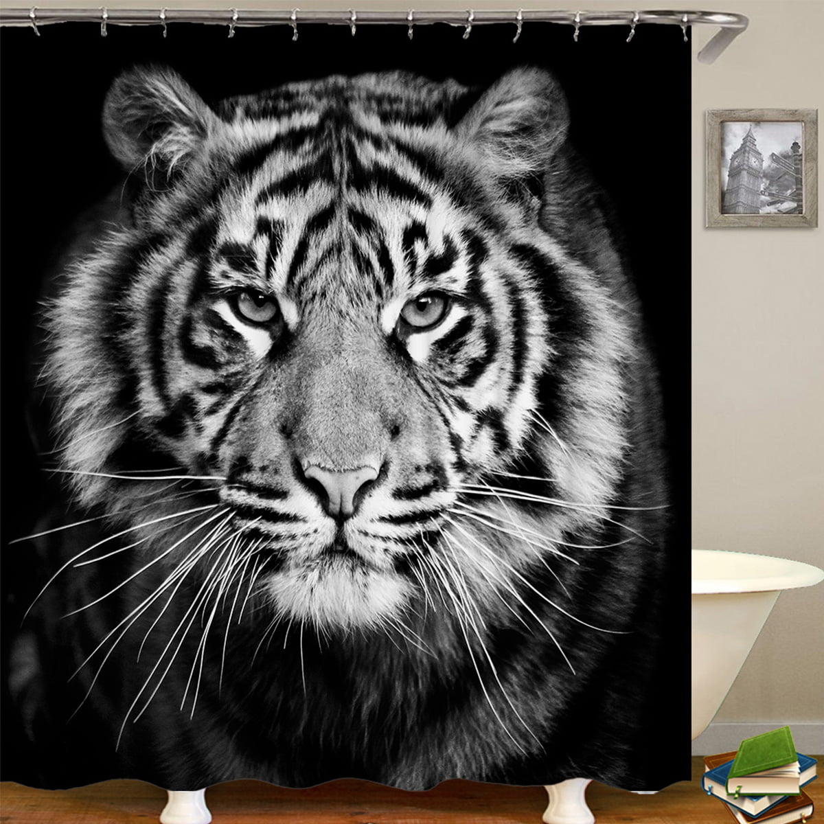 Wild Tiger on Dark Shower Curtain Bathroom Waterproof Fabric & 12 Hooks 71*71"