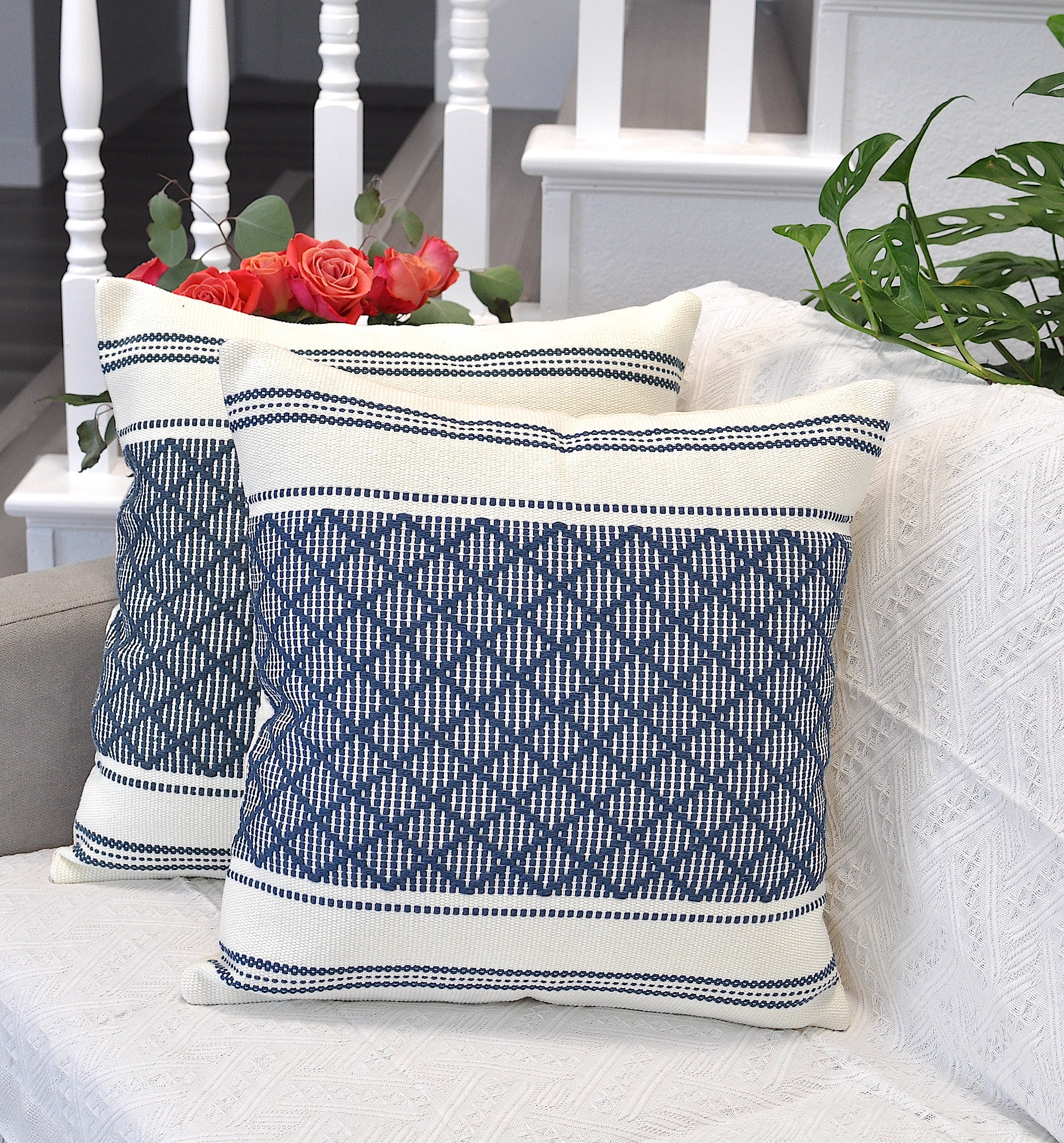Cotton Woven Designer Throw Pillow Covers, Navy Blue and Cream White, 18 x 18 inches | Square Cushion Covers with Geometric Design Set of 2
