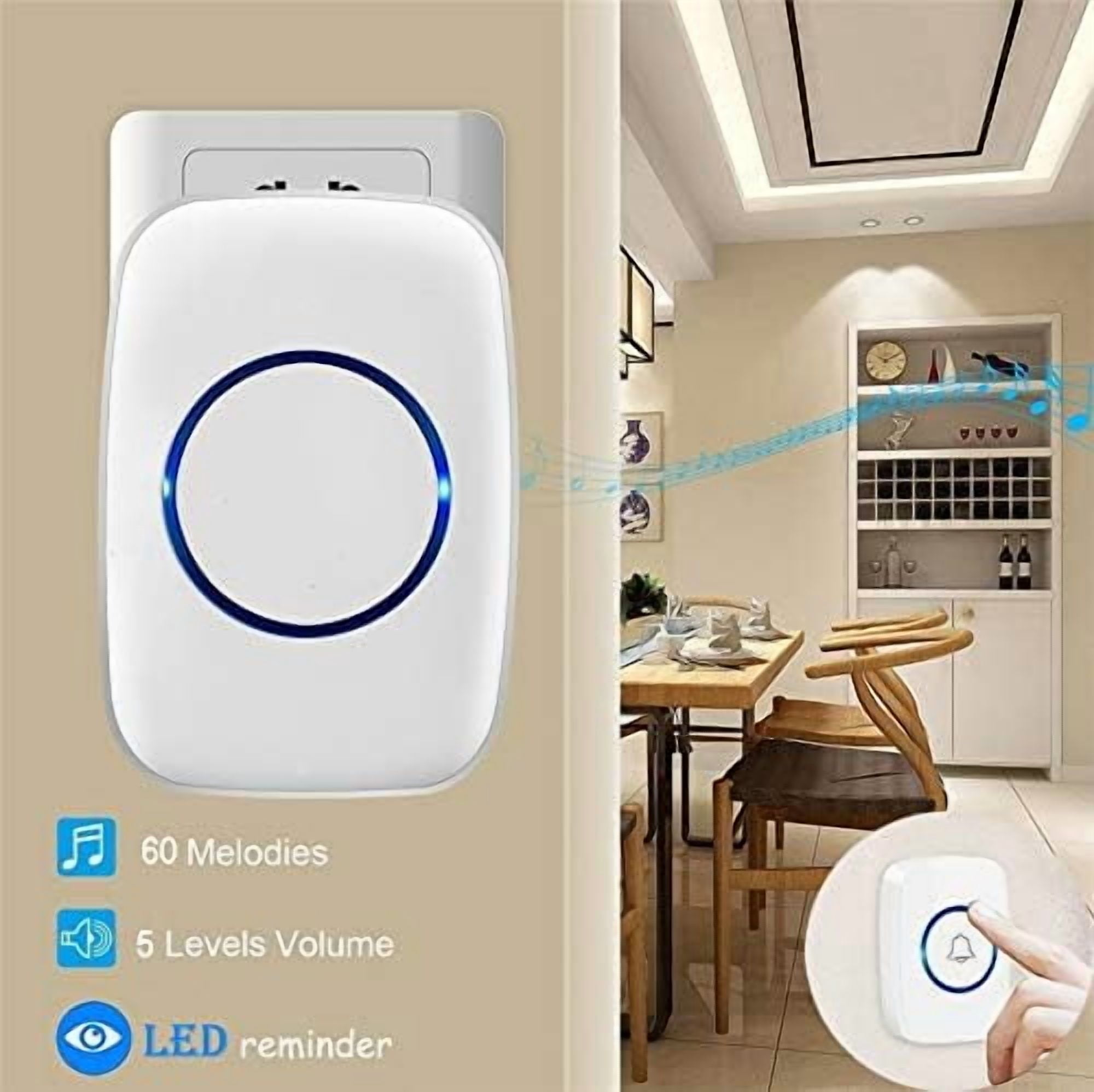 Wireless Doorbell, Waterproof Door Bell Kit, Distinguish front and rear doors, Over 1000 feet Range and 60 Chime, 5 Levels Volume and LED Flash, for Home Office Classroom(WHITE)