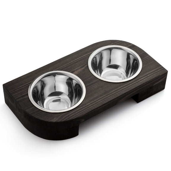 Pit stop Pet Food Bowls with Stand, Puppy Dog Feeding Bowls With Non-Skid Wooden Stand, Set of 2 Stainless Steel Food and Water Bowls for Dogs and Cats With Pine Wood Holder-Natural Wood Color-PET0002