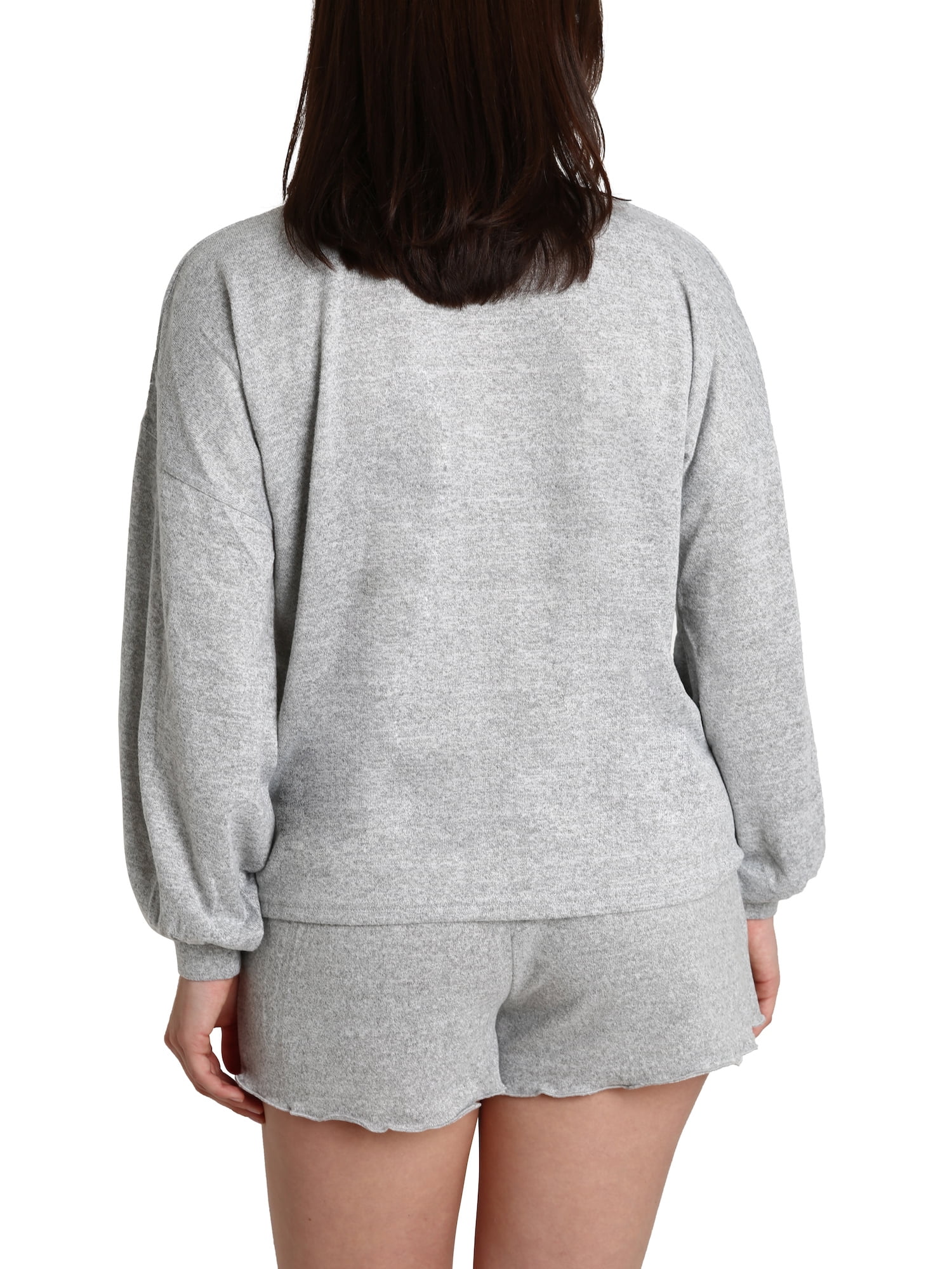 Blis Women's Flowy Henley Button-Up Long Sleeve Tee and Lettuce Edge Short Set Grey