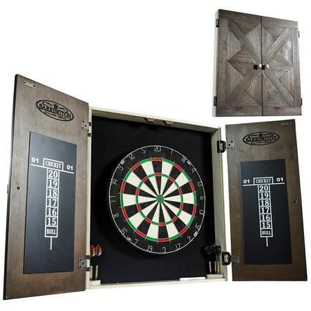 Bellevue Wood Dartboard Cabinet with 18-Inch Bristle Dartboard and Steel Tip Dart Set Perfect for Cricket by Barrington Billiards