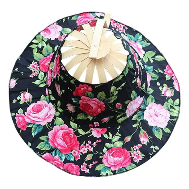 Sombrero para el sol 2 en 1 plegable con abanico de mano para mujer Sombrero de playa con estampado floral para viajar a la playa