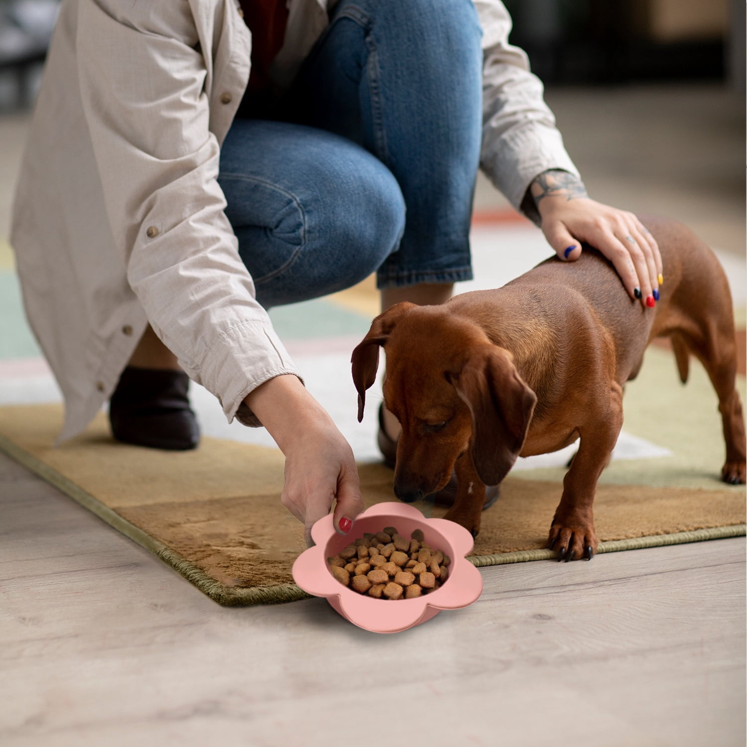 P.T. Supply Co. Pink Small Flower-Shaped Silicone Pet Bowl with Non-Slip Suction Base