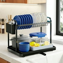 GARITIN Dish Drying Rack 2-Tier Stainless Steel Dish Drainer for Kitchen Countertop with Cutlery Holder, Large Sink Organizer, Black