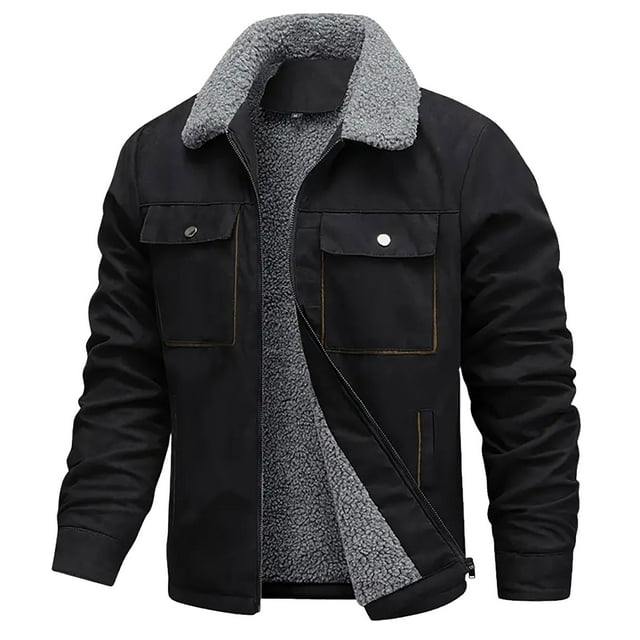 Long Jacket for Men, Men's Solid Color Long-Sleeve Lapel Suede-Like Jacket with Lamb Wool-Like Lining, Zipper, Buttons & Pockets, Suede Jacket Men