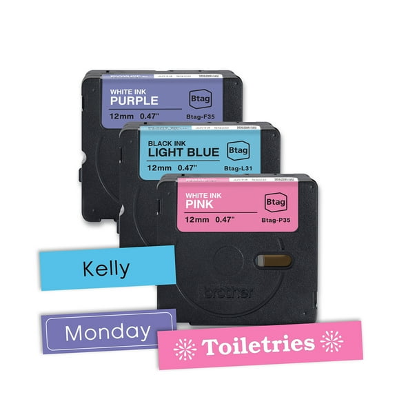 Brother Genuine P-touch BTAG3M02, 3-Pack White on Purple, Black on Light Blue, White on Pink Label Tape, ~1/2in by 13.1ft (12mm x 4m) for Ptouch Label Makers