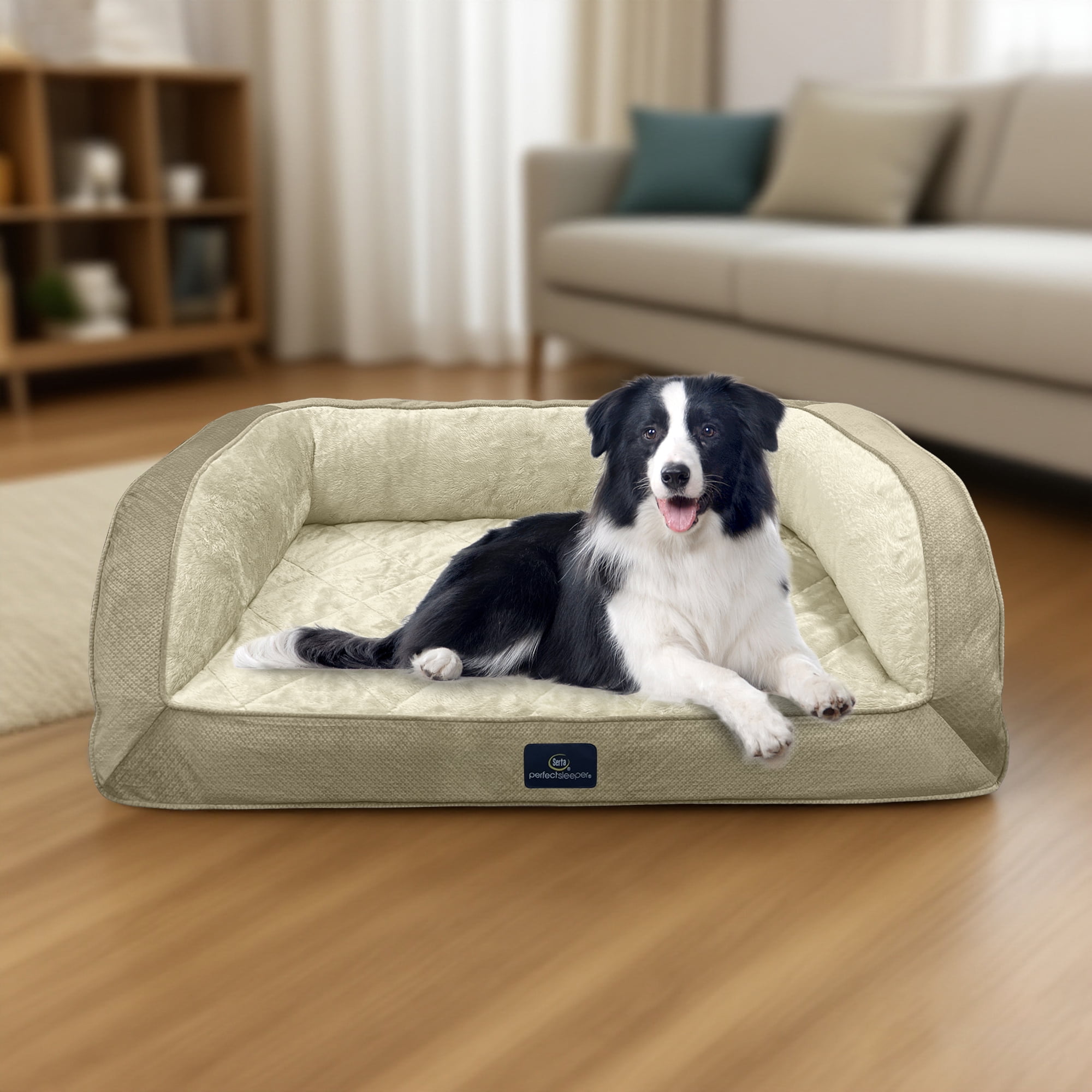 Serta Quilted Orthopedic Bolster Couch Cat & Dog Bed, Tan, Extra Large