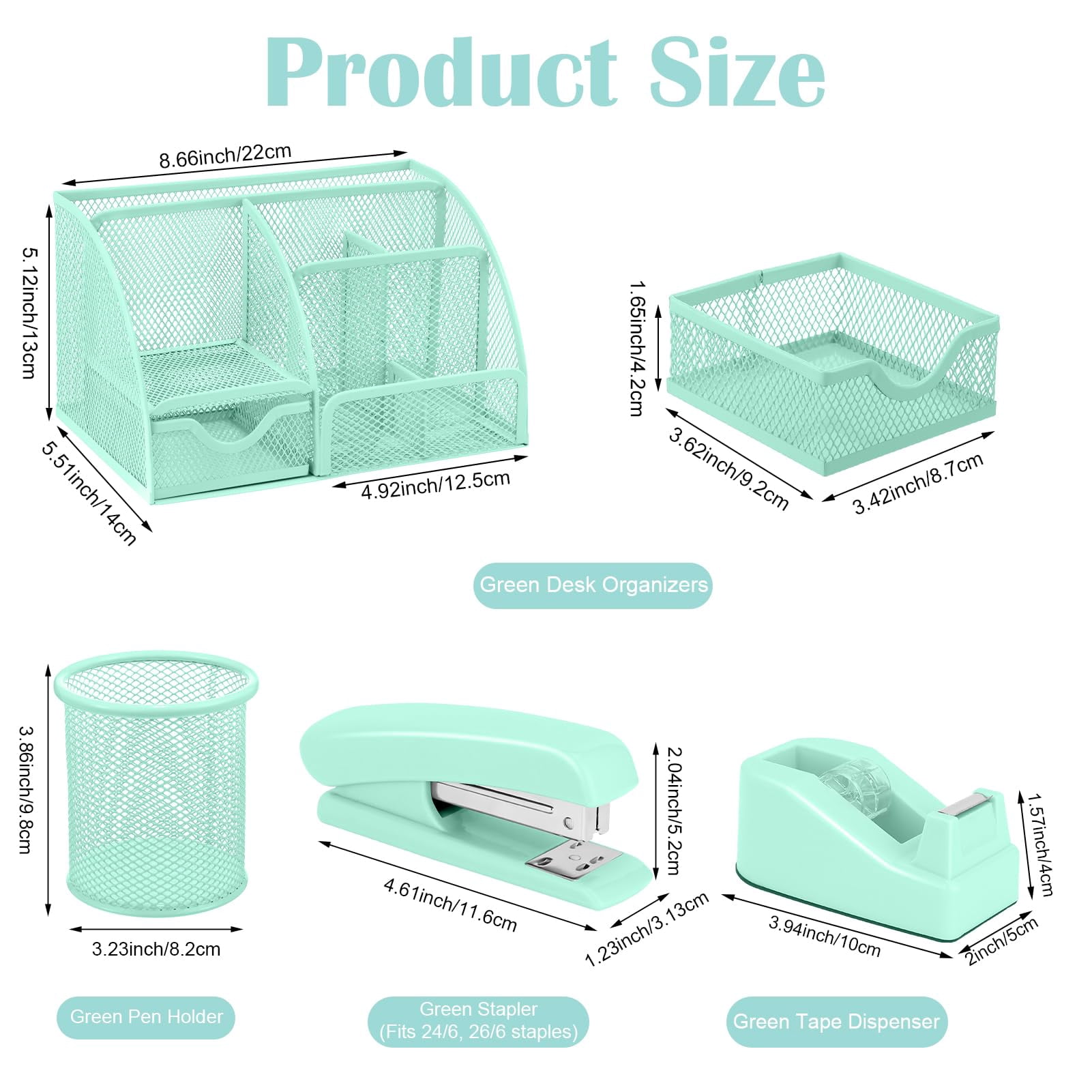Green Desk Organizers And Accessories  Teal Office Supplies Set Mesh Organizer Stapler Tape Dispenser 1000 Staples Staple Remover Pen Holder Clips Ruler