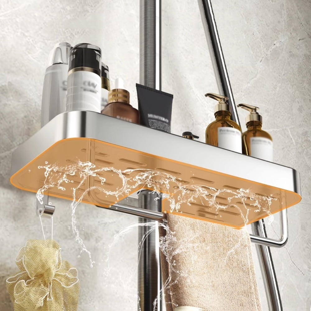 Modern Aluminum Shower Shelf with Hooks, Adjustable Height and Rotation Bathroom Hanging Organizer