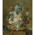 thumbnail image 2 of Jacobus Linthorst 20x23 Black Ornate Framed Double Matted Museum Art Print Titled: Still Life of Peonies, Primroses, Irises, Tulips, a Poppy and Other Flowers with Grapes, a Melon,, 2 of 5