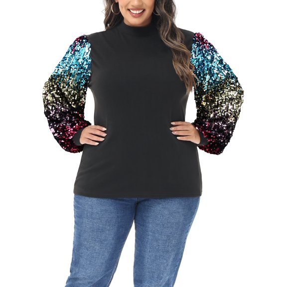 Women's Plus Size Sparkle Sequin Sweatshirt Mock Neck Pullover Long Sleeve Glitter Party Tops, Gradient Color, 2X-Large