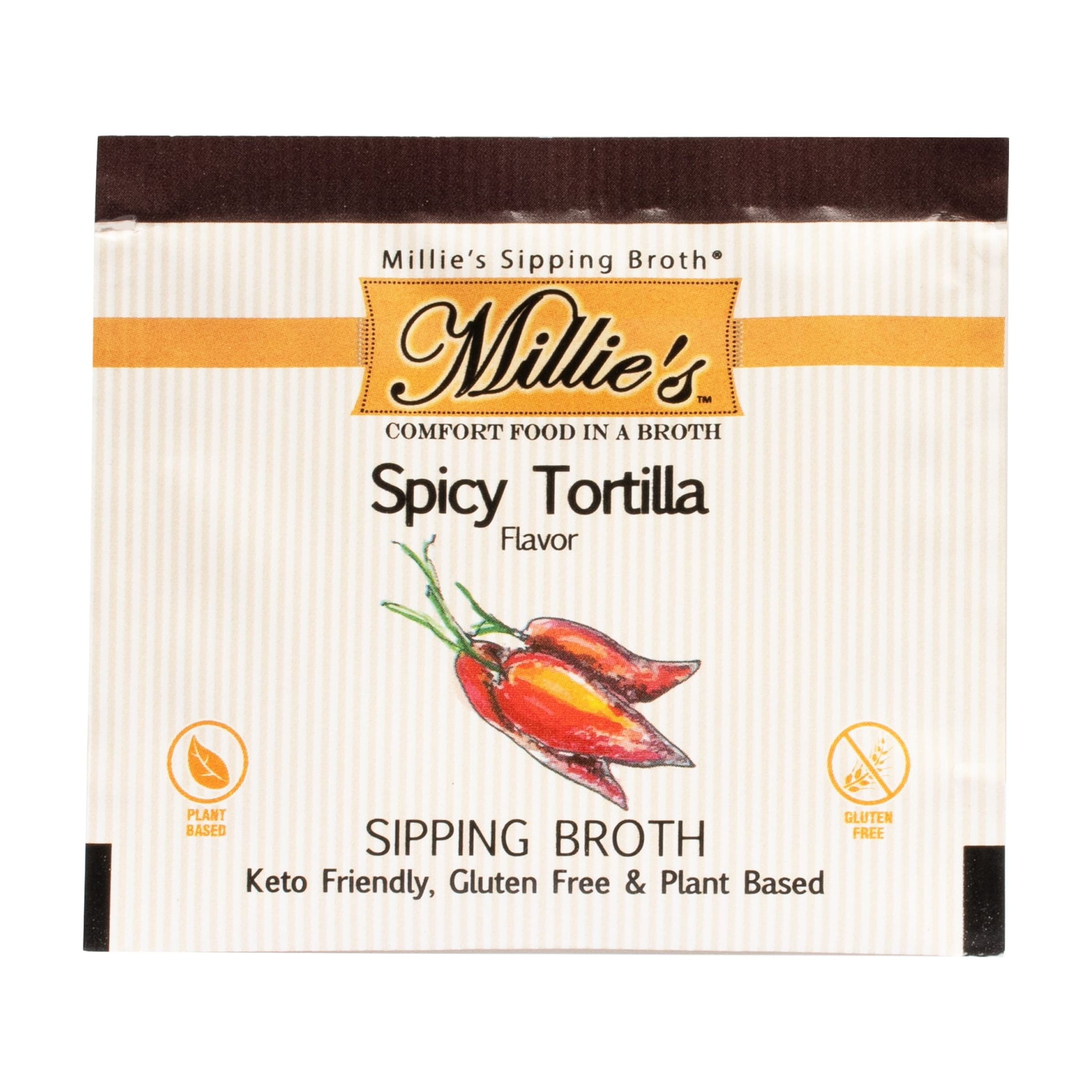 (6 pack) Millie's Sipping Broth, Steepable Broth Bags, Spicy Tortilla, 12 pack