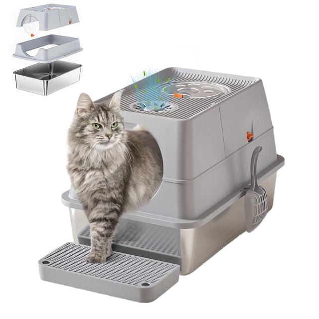 Stainless Steel Litter Box, XL Extra Large Litter Box for Big Cats, Metal Litter Pan High Sided, Top Exit Design, Non Stick, No Smell, Easy Cleaning, Trapping Mat & Scoop Included