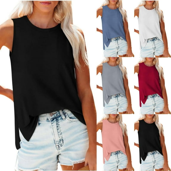 Xunlbb Tank Top for Women Fashion Women's Solid Color Casual Side Slit Round Neck Tank Top Sleeveless Tops for Women Under $5 S-2XL