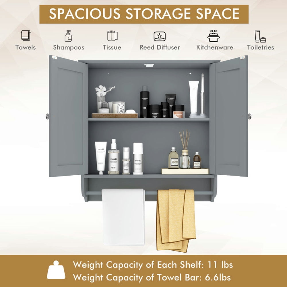 Finihen Wall Cabinet, Wall Mounted Bathroom Cabinet, Medicine Cabinet, Wall Mounted Bathroom Storage Medicine Cabinet with Towel Bar, for Kitchen Entryway Bathroom, Gray