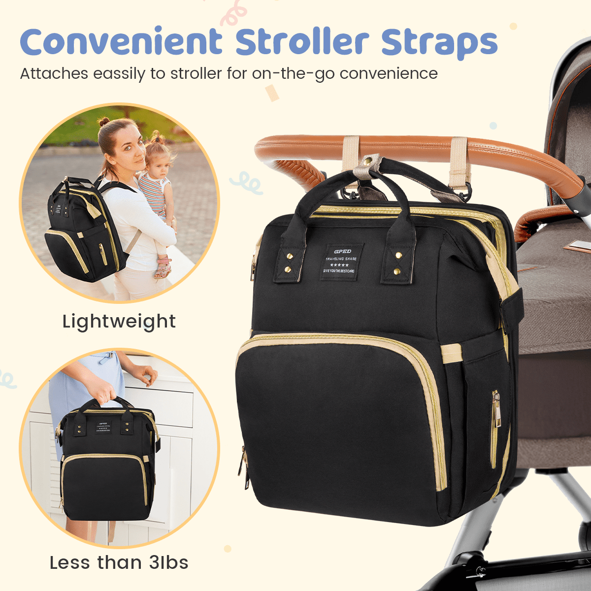 Diaper Bag Backpack, Multifunctional Baby Diaper Bags with Foldable Crib & Changing Station,Large Capacity Portable Travel Back Pack W/ USB Charging Port & Stroller Strap, Baby Shower Gifts(Black)