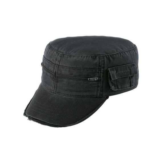 Enzyme Washed Cadet Twill Army Style Cap with Zipper, Black