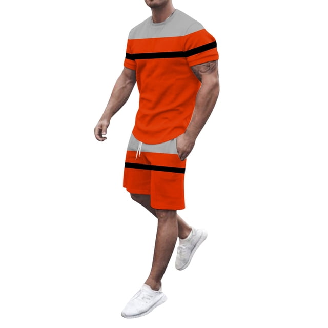 toraway Autumn Mens Sets 2 Piece Outfits Summer Mens Spring Summer Leisure Sports Breathable Absorbing Stitching Printed Short Sleeve Shorts Two Piece Set L