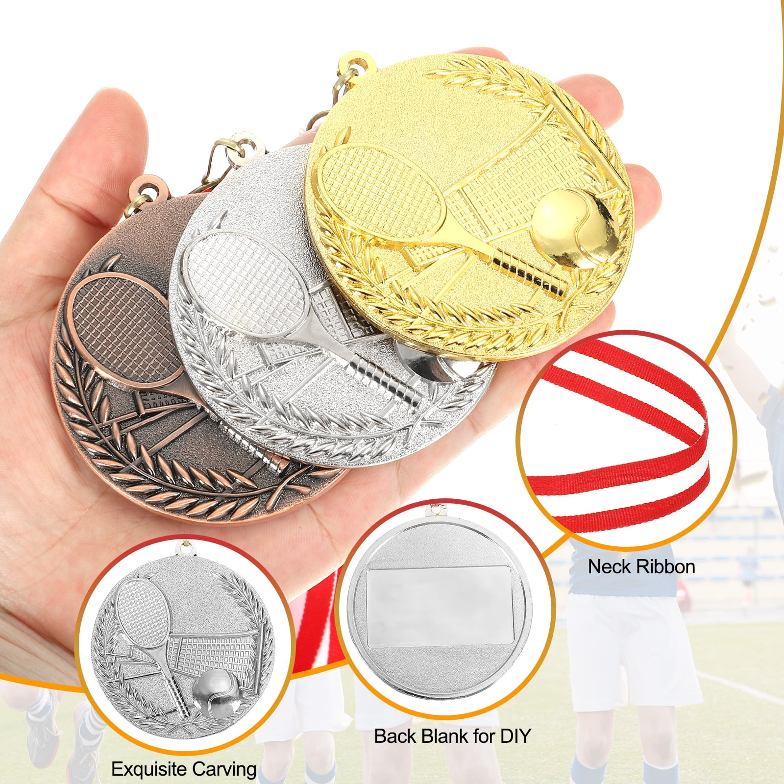 Uxcell 2.7 Inch Tennis Medals Silver Award Medals with Neck Ribbon for Team Sports Games Party Favors 10 Pieces