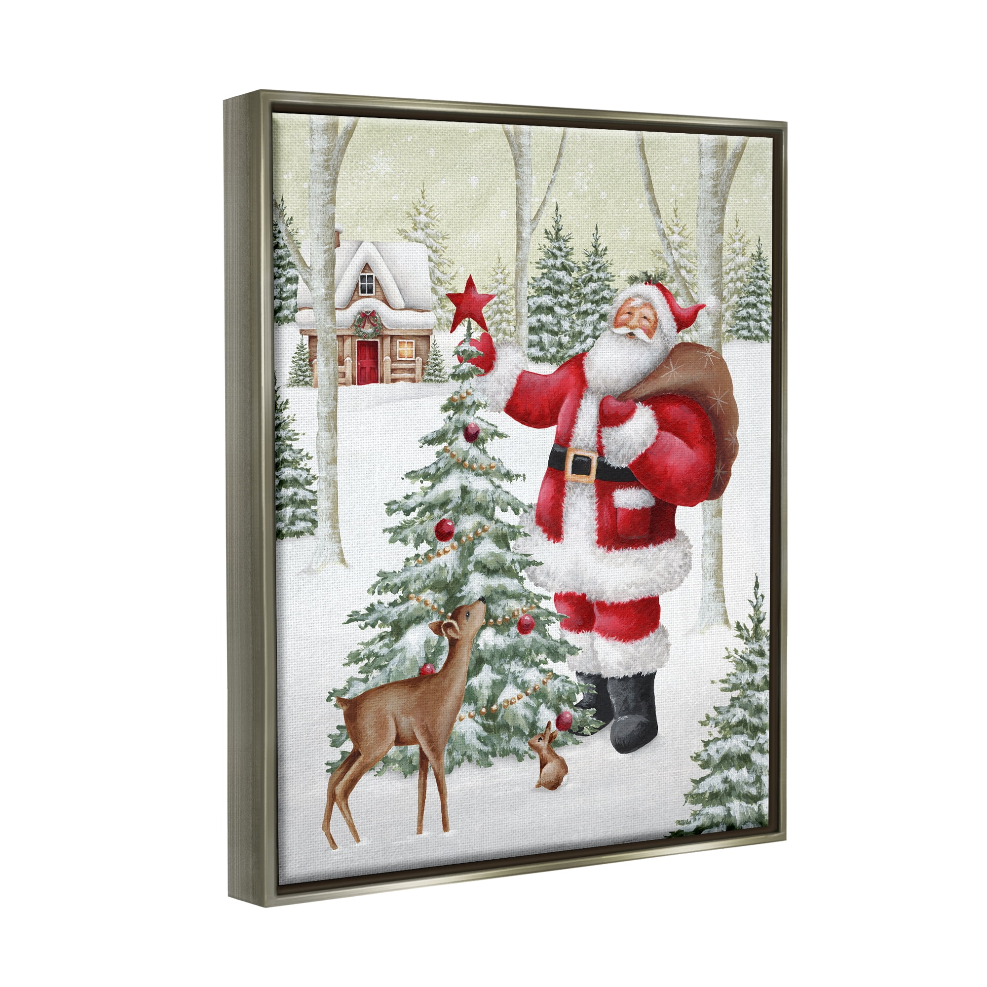 Stupell Industries Santa & Snowy Cabin Holiday Painting Gray Floater Framed Canvas Art Print Wall Art, 25 x 31