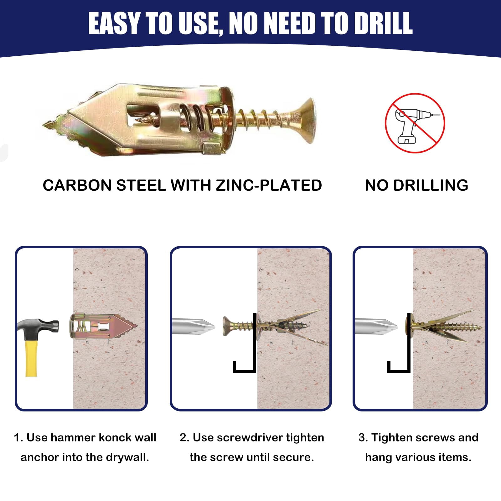 50 pcs Self-Drilling Drywall Anchors with Screws, 0.47x1.18 Inch Zinc Plated Steel Drywall Wall Anchors and Screws Kit Heavy Duty, Easy Application No Drill or Holes in Wall
