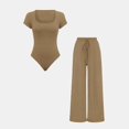 thumbnail image 5 of Women's Ribbed Two Piece Set, Square Neck Crop Top and High Waist Wide Leg Pants Set, Casual Summer Outfit with Side Pockets, Fashion Two Piece Outfit for Going Out Outfits Khaki, 5 of 8