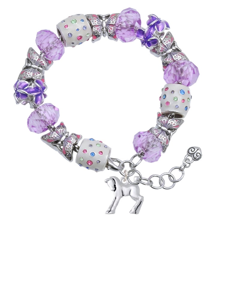 Delight Jewelry Silvertone Equestrian Horse Purple Butterfly Bead Charm Bracelet, 7"+1" Extender
