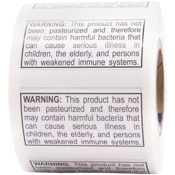 Not Pasteurized Warning Labels .75 x 1.5 Inch 500 Adhesive Stickers
