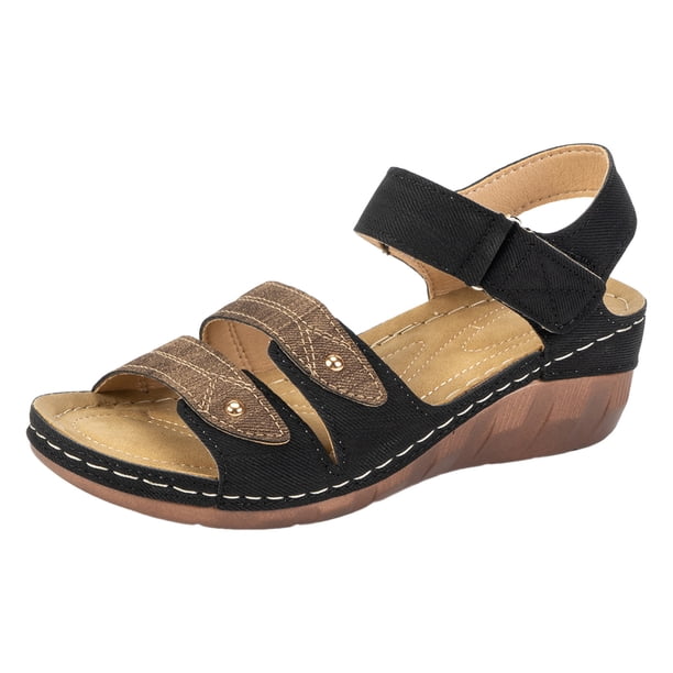 Bmisegm Ladies Retro Colour Blocking Thick Bottom Large Size Slope Heel Sandals Womens Sandals Summer Brown 6.5