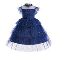 thumbnail image 2 of Little Girl Easter Dresses Short Sleeved Small Floral Princess Style Dance Dresses for Girls Teens Elastic Waist for Holiday Party (Navy,4-5 Years), 2 of 8