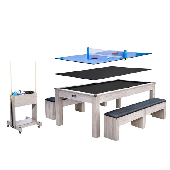 7FT 3-in-1 Convertible Pool Table for Home & Game Rooms – Billiard, Dining, and Table Tennis Combo – Complete Set with Cues, Balls, Table Tennis Accessories, and Rolling Storage Cart , Black