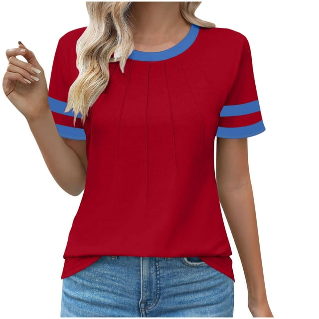 Timegard Haut Femme Col Rond Manches Courtes Ajusté Décontracté Confortable T-Shirts à Blocs de Couleur Mode