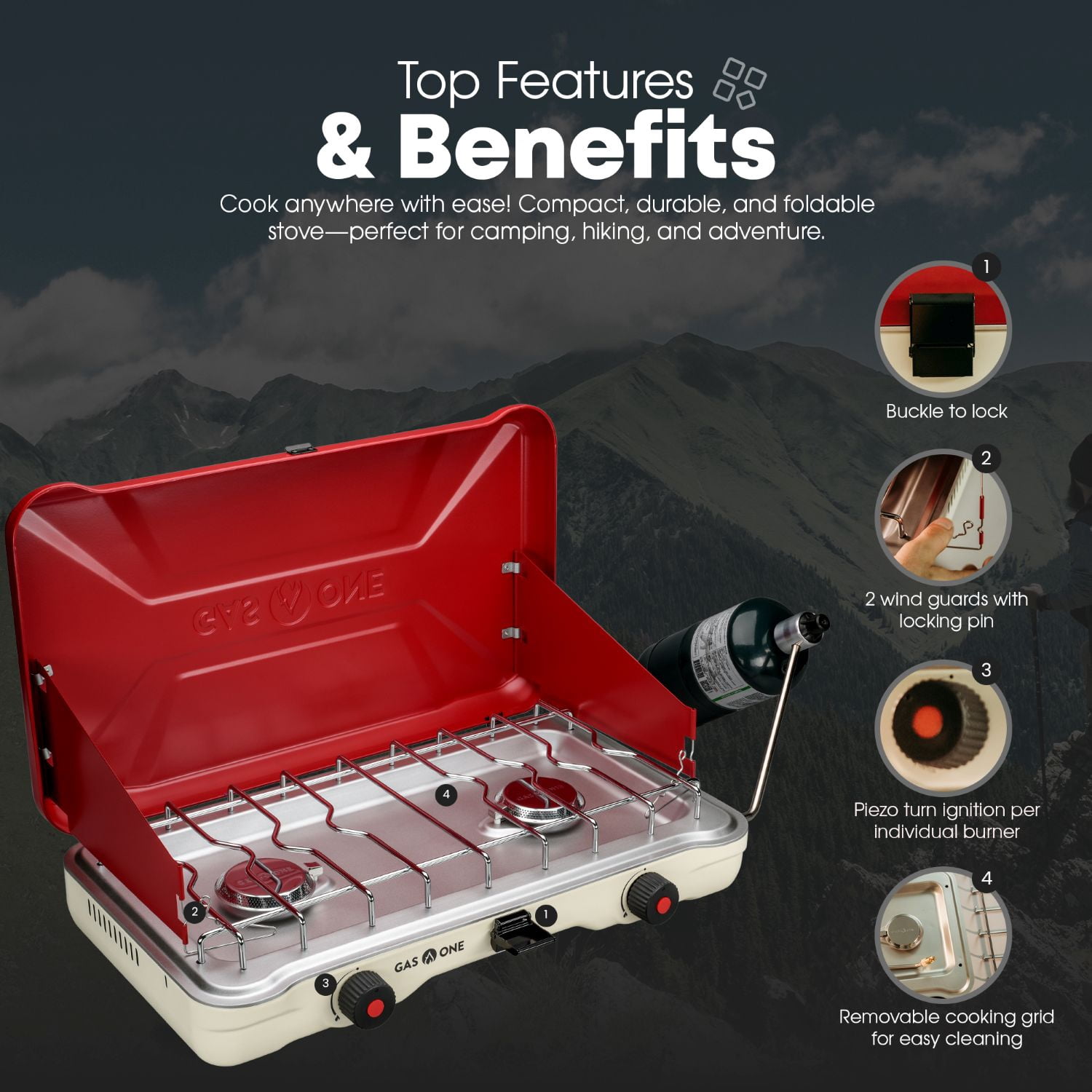 GasOne PS-2500RWA Portable Camping Stove – Double Propane Stove with Auto Twist Turn Ignition – 22,000 BTU Camping Cooktop with 2 Burners and Wind Guard – Ideal for Tailgating, Fishing, Travel, Red