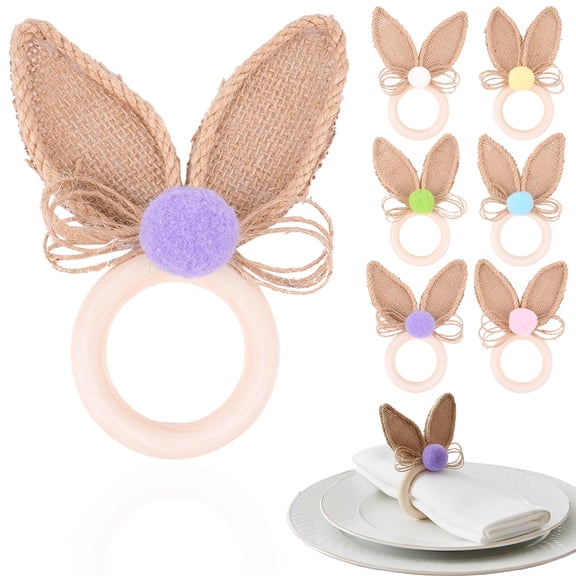 6PCS Easter Bunny Ear Napkin Rings, Spring Table Decor for Holiday Dining, Farmhouse Napkin Holders, Sturdy Burlap Serviette Buckles, Beige, 14*9cm