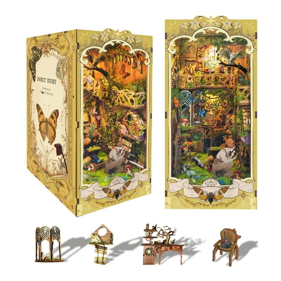 Strucwood DIY Book Nook Kit Insect Story Wooden Puzzles with LED Dust Cover,3D Crafts Hobbies Gifts for Adults（SQ-19）