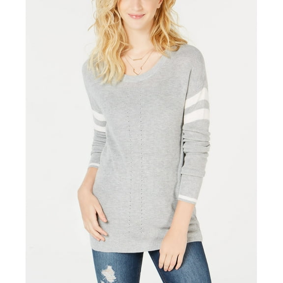 Hippie Rose Juniors Scoop Neck Varsity Stripe Sweater Light Heather Grey S