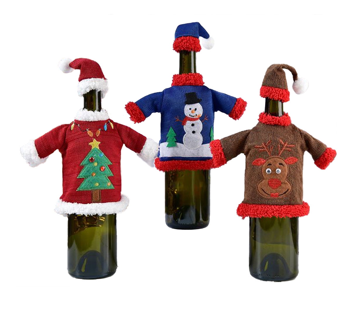 Set of 3 Ugly Christmas Sweater Wine Bottle Covers