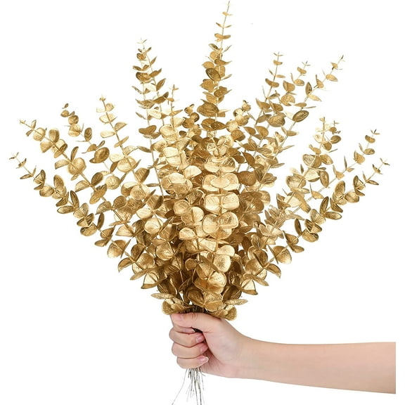 12 Pieces Gold Artificial Eucalyptus Stems Faux Eucalyptus Spray Fake Leaves Decor Fall Faux Floral Arrangement Artificial Eucalyptus Flower for Wedding Party Bouquet Home Farmhouse Vase DIY Craft