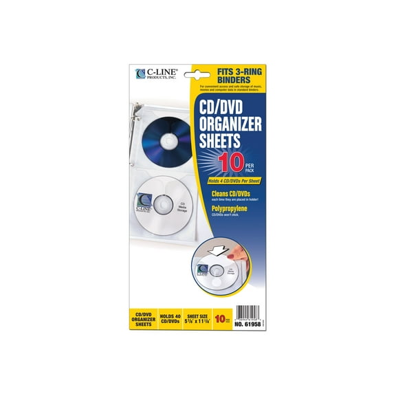 C-Line 61958 4-Disc Capacity Deluxe CD Ring Binder Storage Pages - Clear/White (10/Pack)