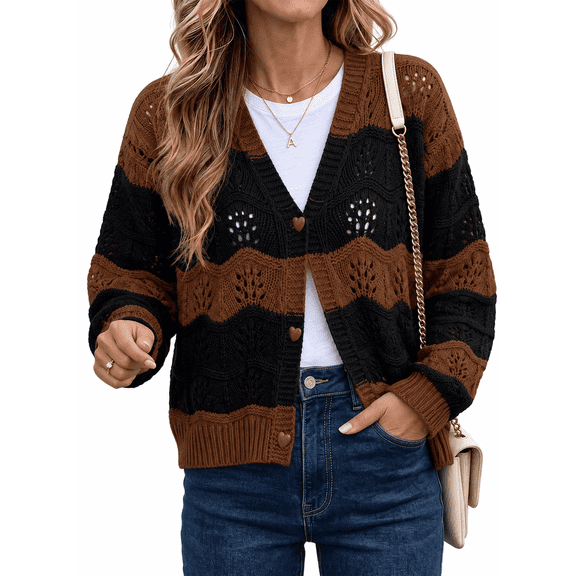 SHEWIN Womens Sweaters Striped Color Block Chunky Cardigans Button Down Long Sleeve V Neck Loose Knit Fall Sweater Coats Fashion