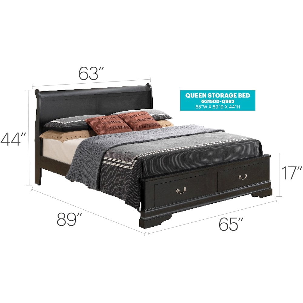 Glory Furniture Louis Phillipe Queen Storage Bed in Black Color