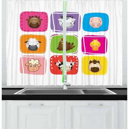 - Baby Curtains 2 Panels Set, Geometric Pattern with Squares Animal Faces Horse Chicken Cow Duck Sheep and Pig, Window Drapes for Living Room Bedroom, 55W X 39L Inches, Silver Emerald, by Ambesonne