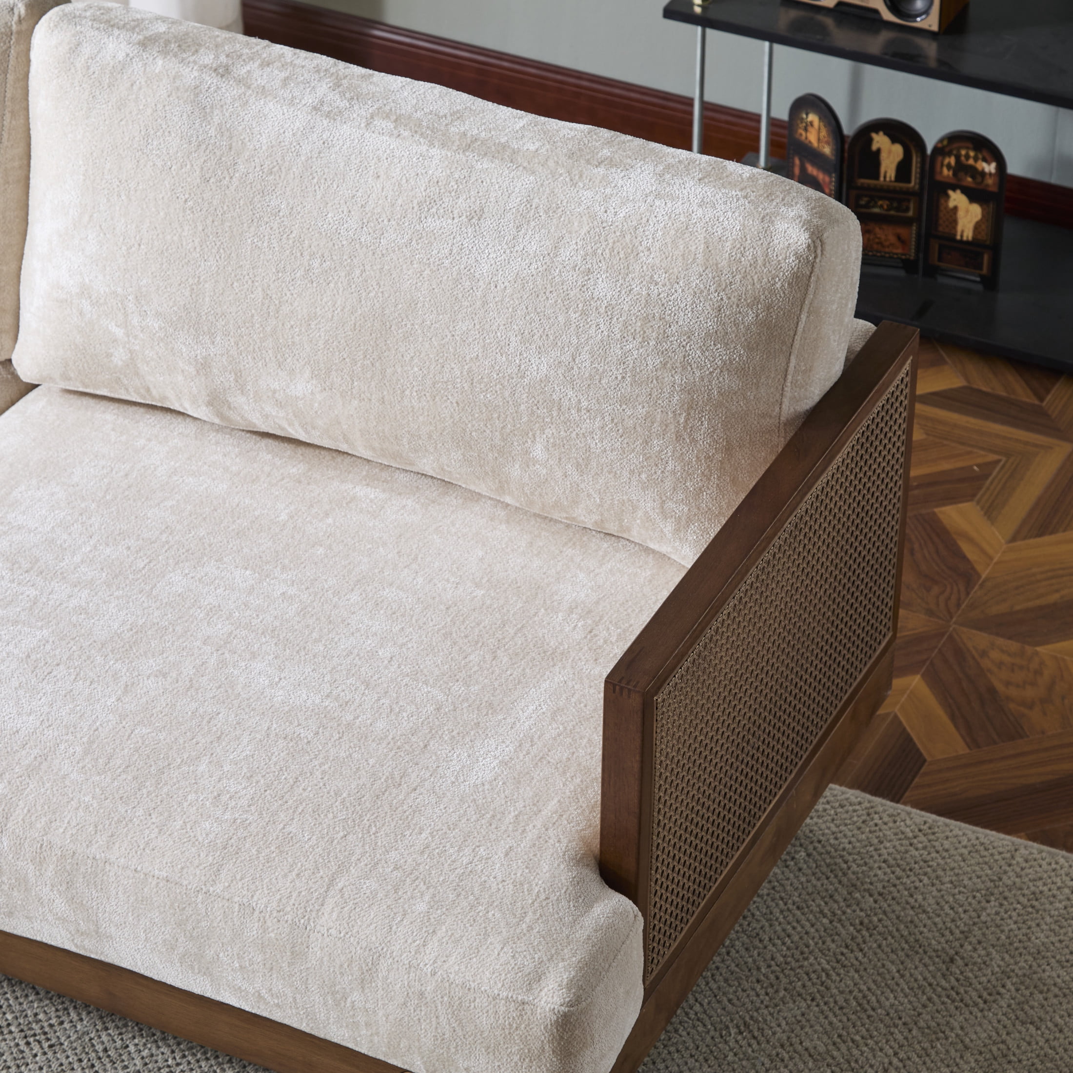 Christopher Knight Home Vintage 72“ Rattan 3-Seat Sofa with Solid Wood Frame, High-Rebound Cushions, Walnut