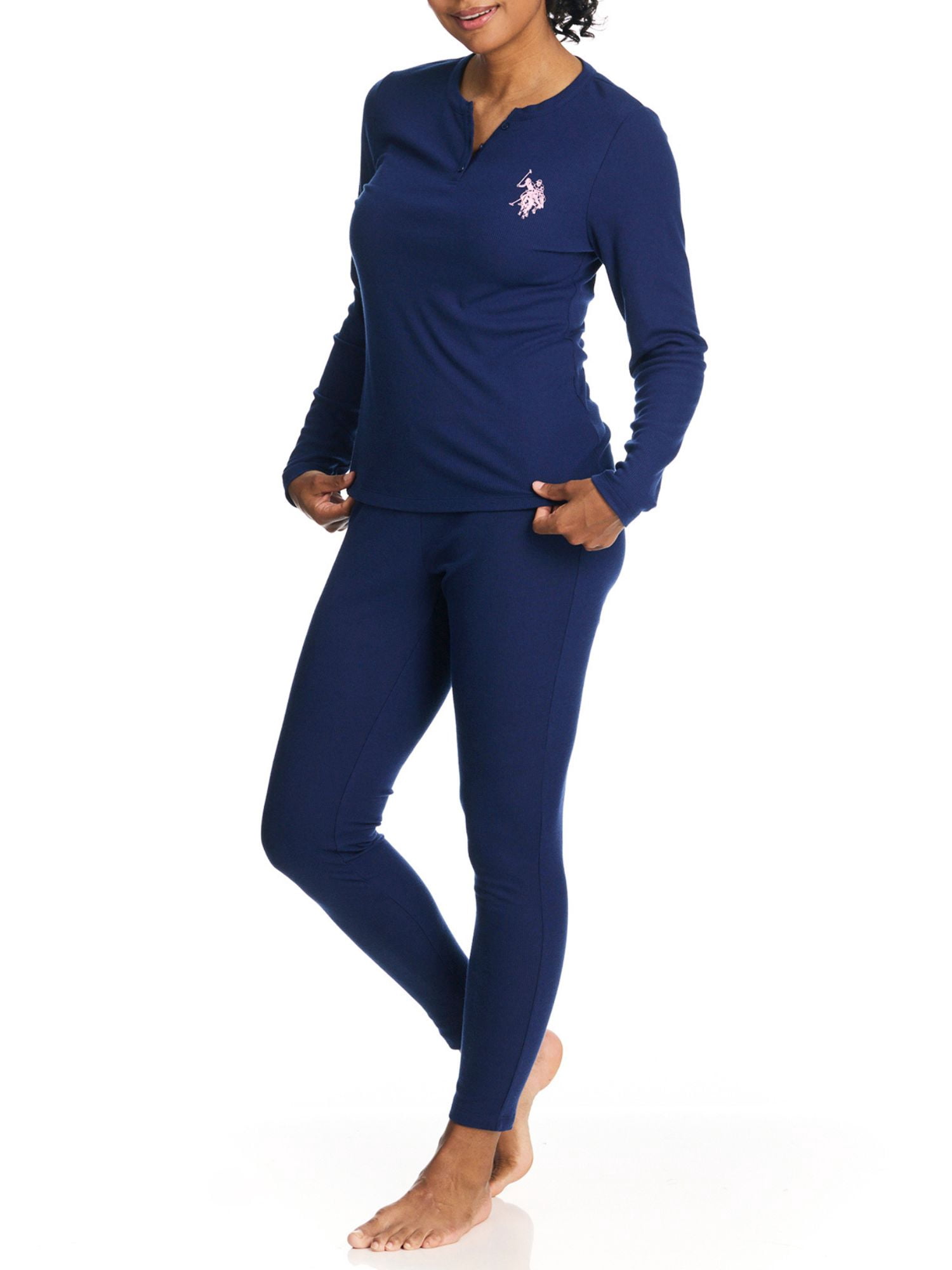 U.S. Polo Assn. Women's Ribbed Henley Long Underwear Thermal Set, 2-Piece Set, Sizes S-3X