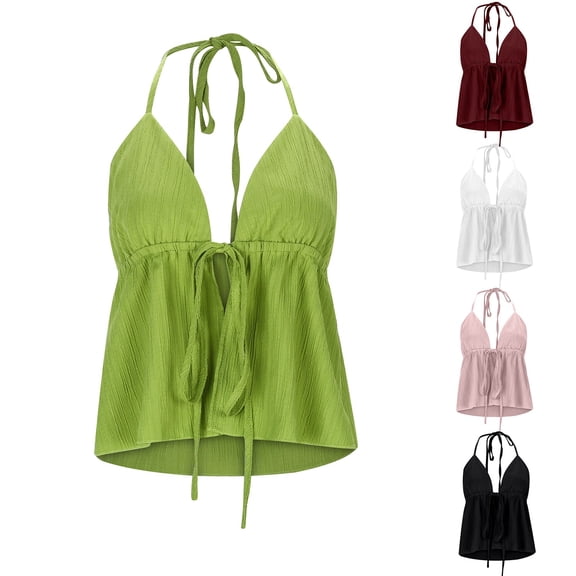 TrendOFT Halter Crop Tops for Women Y2K Drawstring Tie Ruched Dressy Casual Spaghetti Strap Cami Top Black L