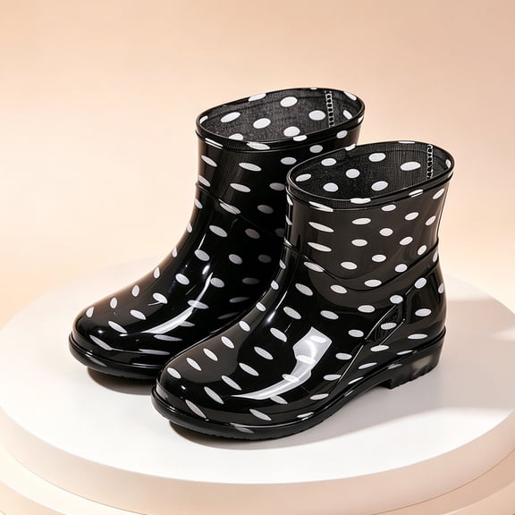OKBOP Slouch rain boots for women waterproof Pull-On Cute Styles Ankle-High Non-Slip Polka Dots Low Heel