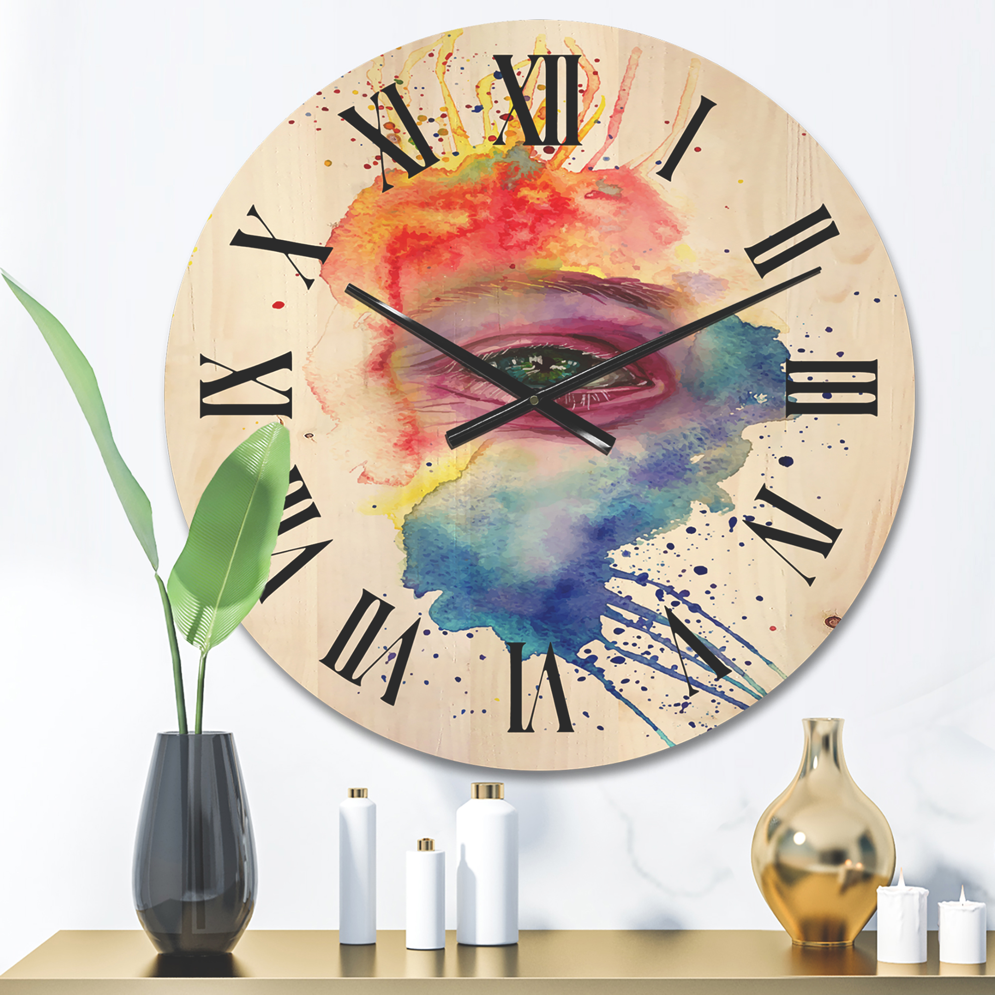 Designart 'Detail of Eye In Rainbow-Colored Face Portrait' Bohemian & Eclectic Wood Wall Clock